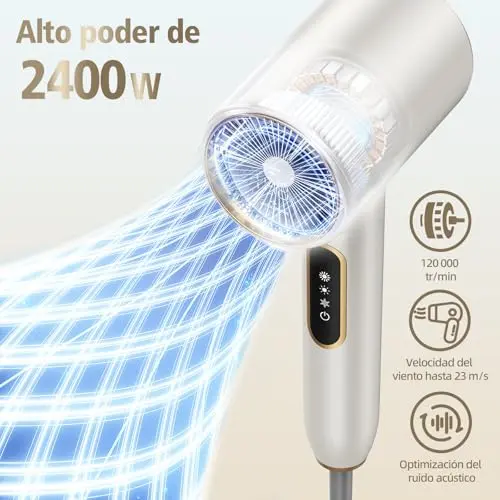 Secador de Pelo Profesional Iónico 2400W, Secadores de Pelo Iónico Real, 3 Temperaturas 2 Velocidades, Secador Ionico con Concentrador y Difusor