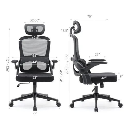 SIHOO M102C Silla ergonomica Escritorio, Silla de Oficina Grande y Alta con reposabrazos Plegables, Soporte Lumbar Ajustable Silla Escritorio, Silla Oficina ergonómica para Uso doméstico - Negro