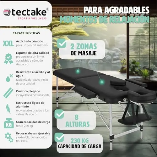 TecTake® Camilla Masaje Plegable, Camilla Profesional Fisioterapia, Quiromasaje, Tatuajes, Reiki, Camilla Estética Profesional de Aluminio, Ajustable en Altura, 2 Zonas, con Bolsa Transporte - Negro