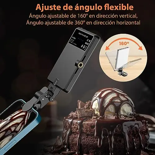 TONEOF Luz Selfie portátil, Luz de teléfono Recargable 60 LED con Clip&Doble Orificio Tornillo de 1/4", Luz de cámara 2500-9000K para Teléfono/computadora portátil/Tableta-Negro