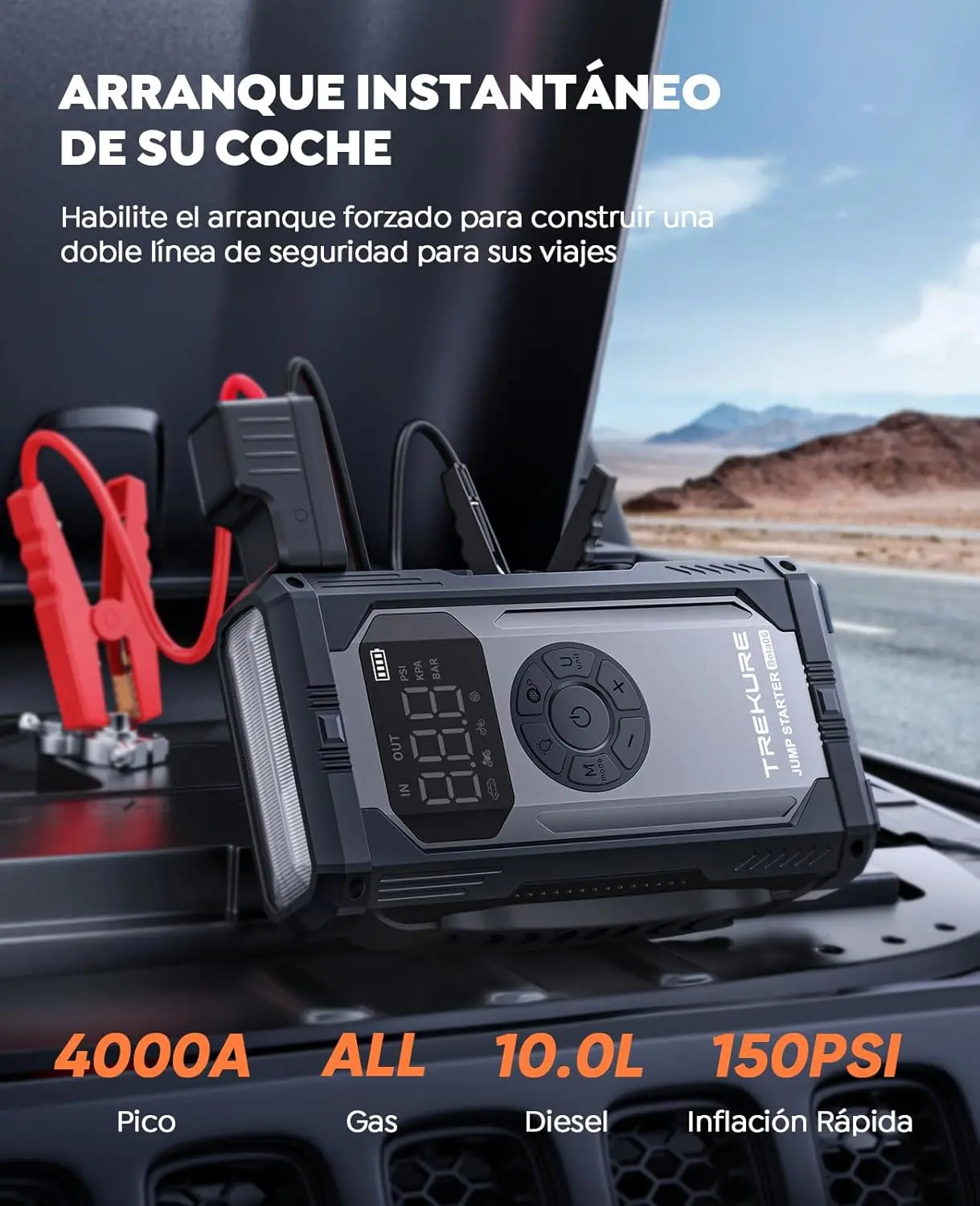 TREKURE 4-en-1 Arrancador de Baterias de Coche,4000A Arrancador de Coches con Compresor de Aire(para All Gas o 10L Diesel) Arrancador Coche con Inflador de 150 PSI, 18W Carga Rápida y Pantalla LCD