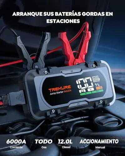 TREKURE Arrancador de Baterias de Coche 27000mAh 6000A (All Gas o 12L Diesel), 12V Arrancador de Baterias, Carga Rápida Bidireccional de 65W, Linterna LED de 600 lúmenes, Pulgadas, QC3.0