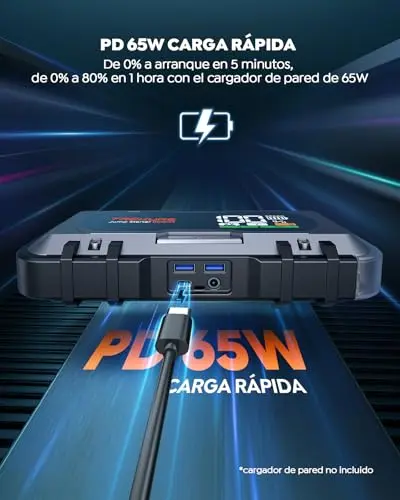 TREKURE Arrancador de Baterias de Coche 27000mAh 6000A (All Gas o 12L Diesel), 12V Arrancador de Baterias, Carga Rápida Bidireccional de 65W, Linterna LED de 600 lúmenes, Pulgadas, QC3.0