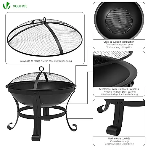 VOUNOT Brasero Exterior 55 cm Hoguera Jardín con Atizador, Protector de Chispas, Pozo de Fuego Fire Bowl Negro, para Jardín Terraza Camping Fiesta