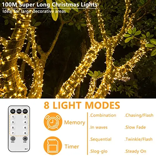 YAGOPAL Luces Navidad Exterior, 100M 800 LED Cadena de Luces Colores 8 Modos Impermeable Christmas Halloween Guirnalda Luces para Arboles de Navidad Fiesta Boda Patio Jardine Terraza