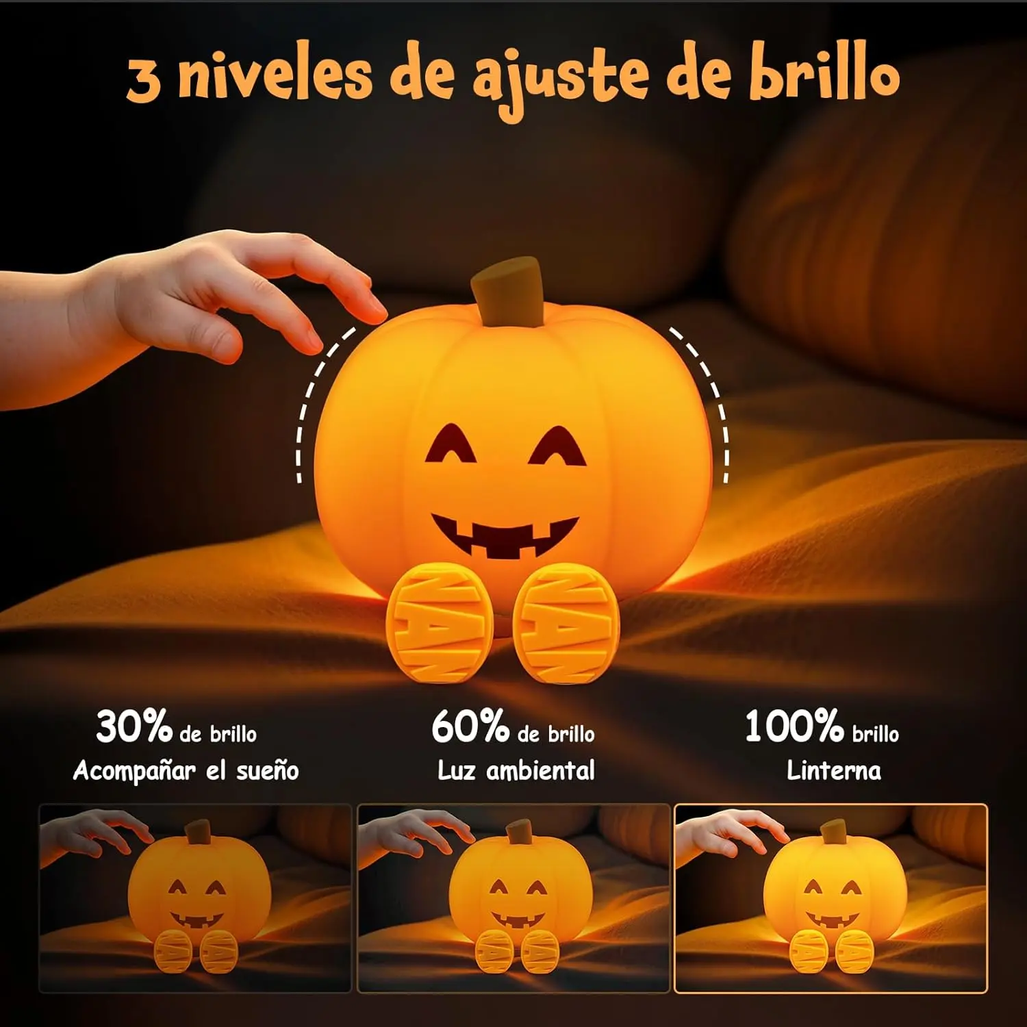 YISSVIC Luz Nocturna Infantil Calabaza Halloween Decoracion Halloween Luces Halloween Luz Bebe Nocturna Recargable Regalo para Niños Bebés-Sonrisa