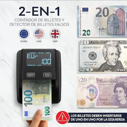 ZENACASA Detector de billetes falsos y contador de billetes 2 en 1 con pantalla táctil - Inserción uno a uno - Detector Billetes Falsos Euros, USD, GBP - Lector de mano compacto y liviano