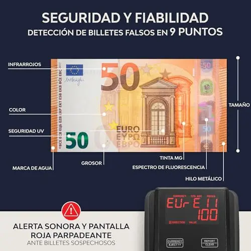 ZENACASA Detector de billetes falsos y contador de billetes 2 en 1 con pantalla táctil - Inserción uno a uno - Detector Billetes Falsos Euros, USD, GBP - Lector de mano compacto y liviano